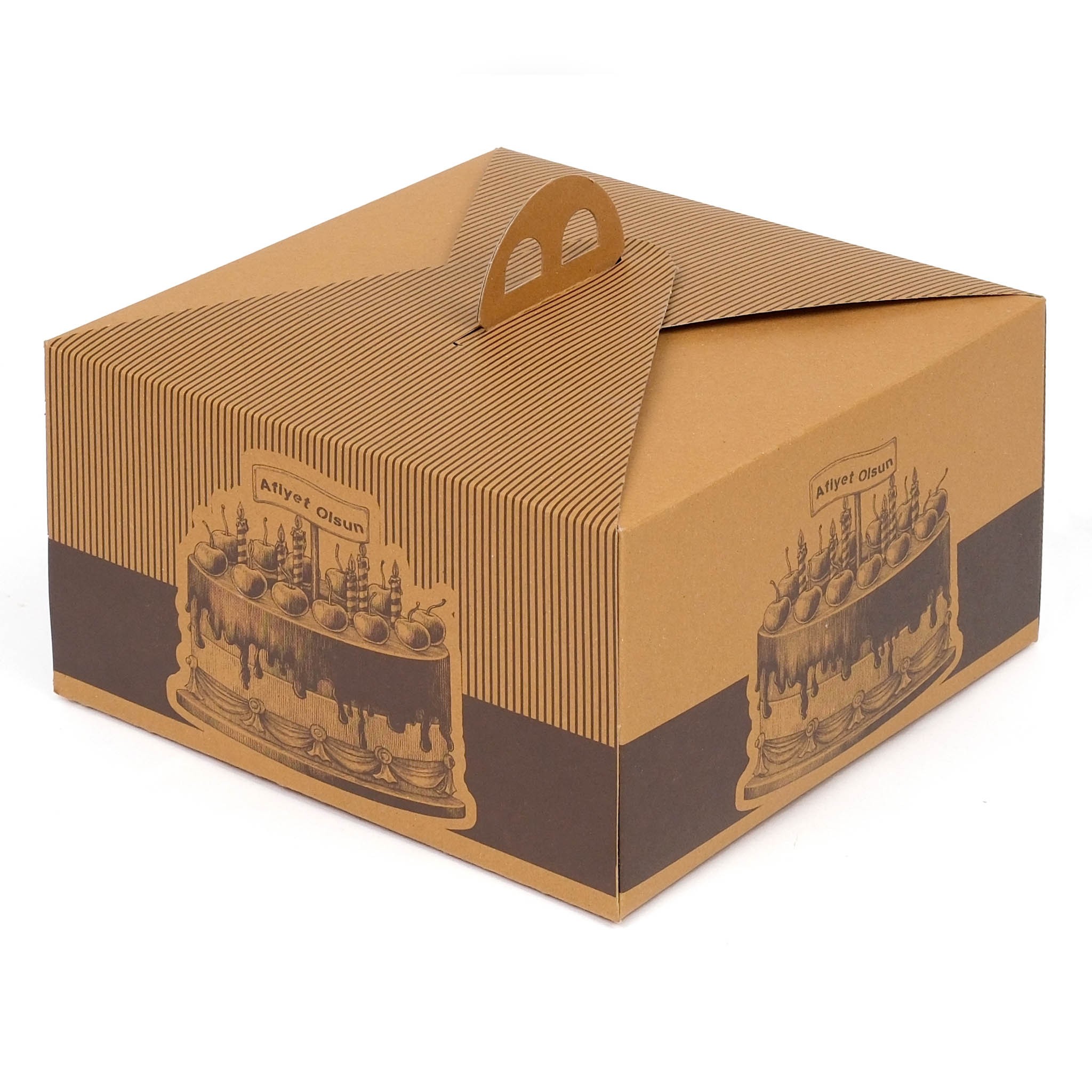1 No Kraft Saplı Turta Kutusu Afiyet Olsun Yazılı 22.5x22.5x13 cm