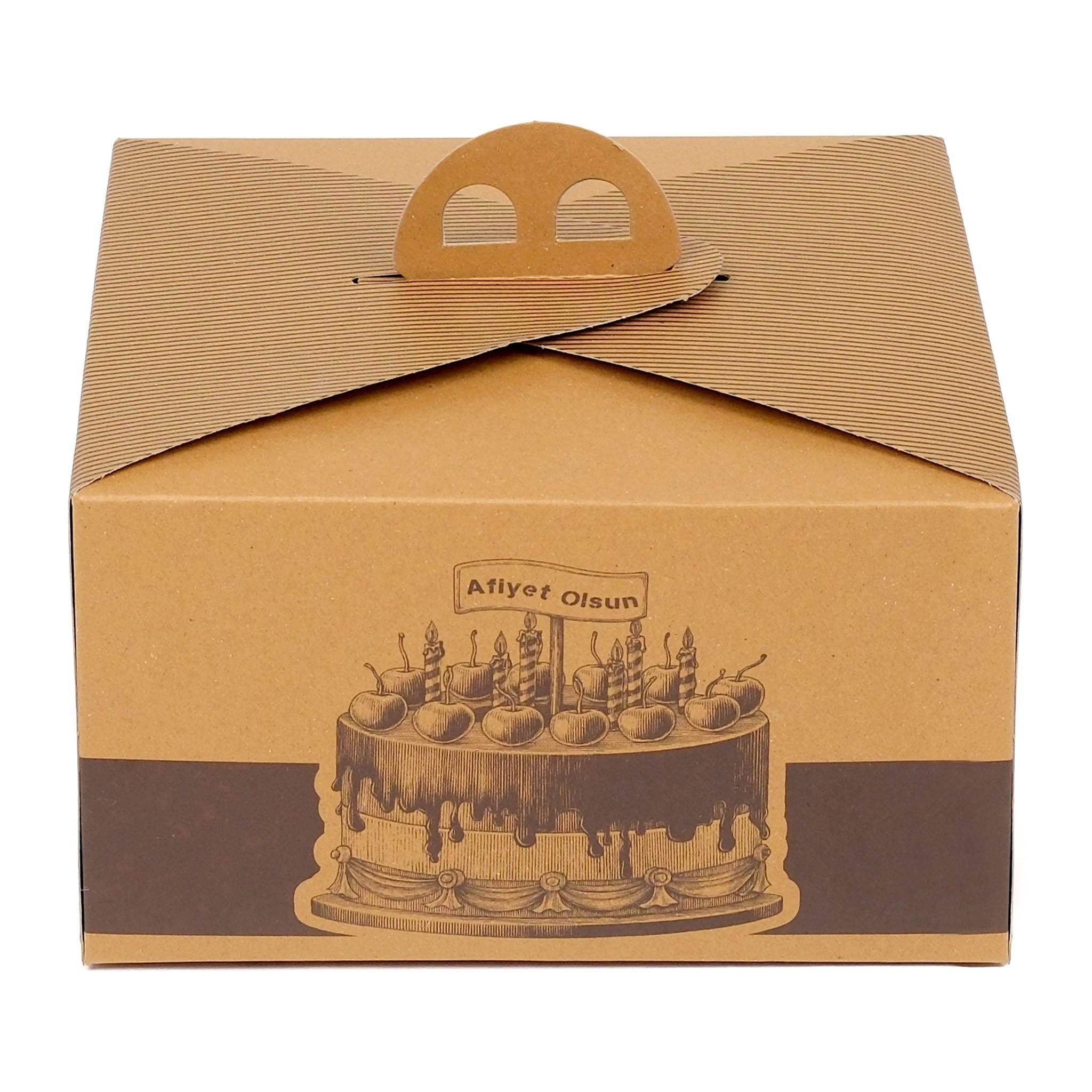 1 No Kraft Saplı Turta Kutusu Afiyet Olsun Yazılı 22.5x22.5x13 cm