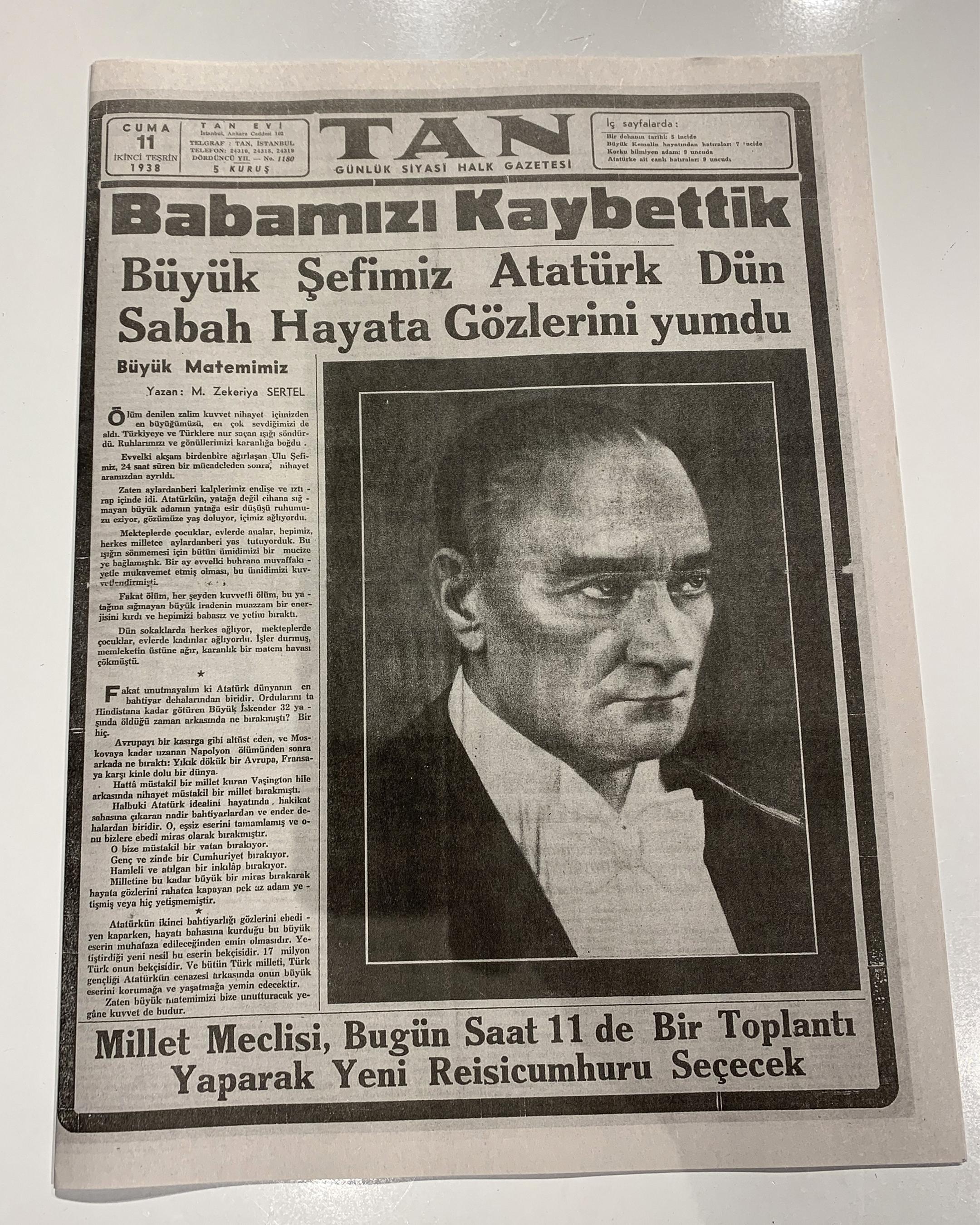 11 Kasım 1938 - "Babamızı Kaybettik" Başlıklı Tan Gazetesi
