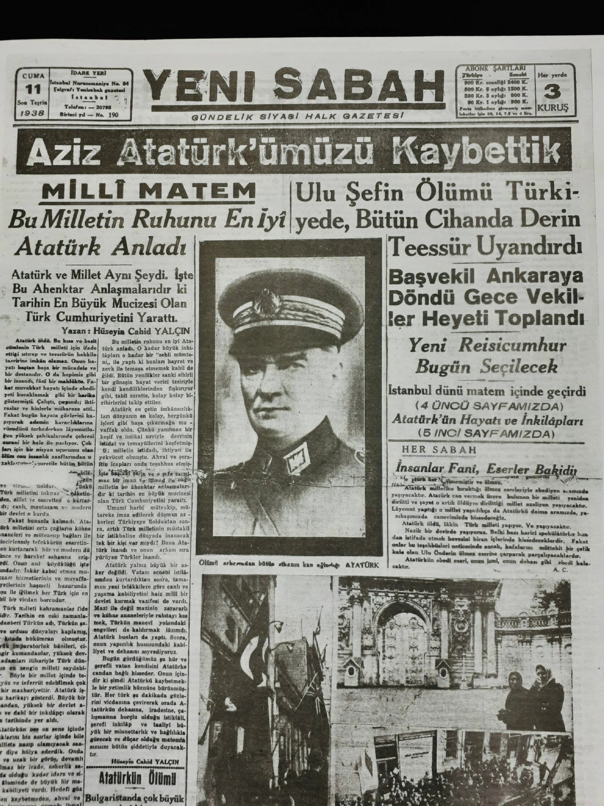 11 Kasım 1938 Sayılı Yeni Sabah Gazetesi