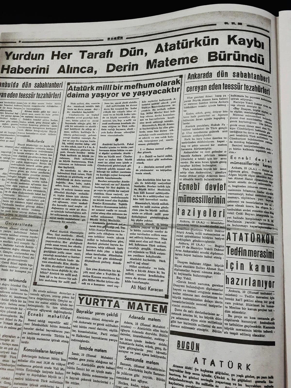 11 Kasım 1938 Sayılı Bugün Gazetesi