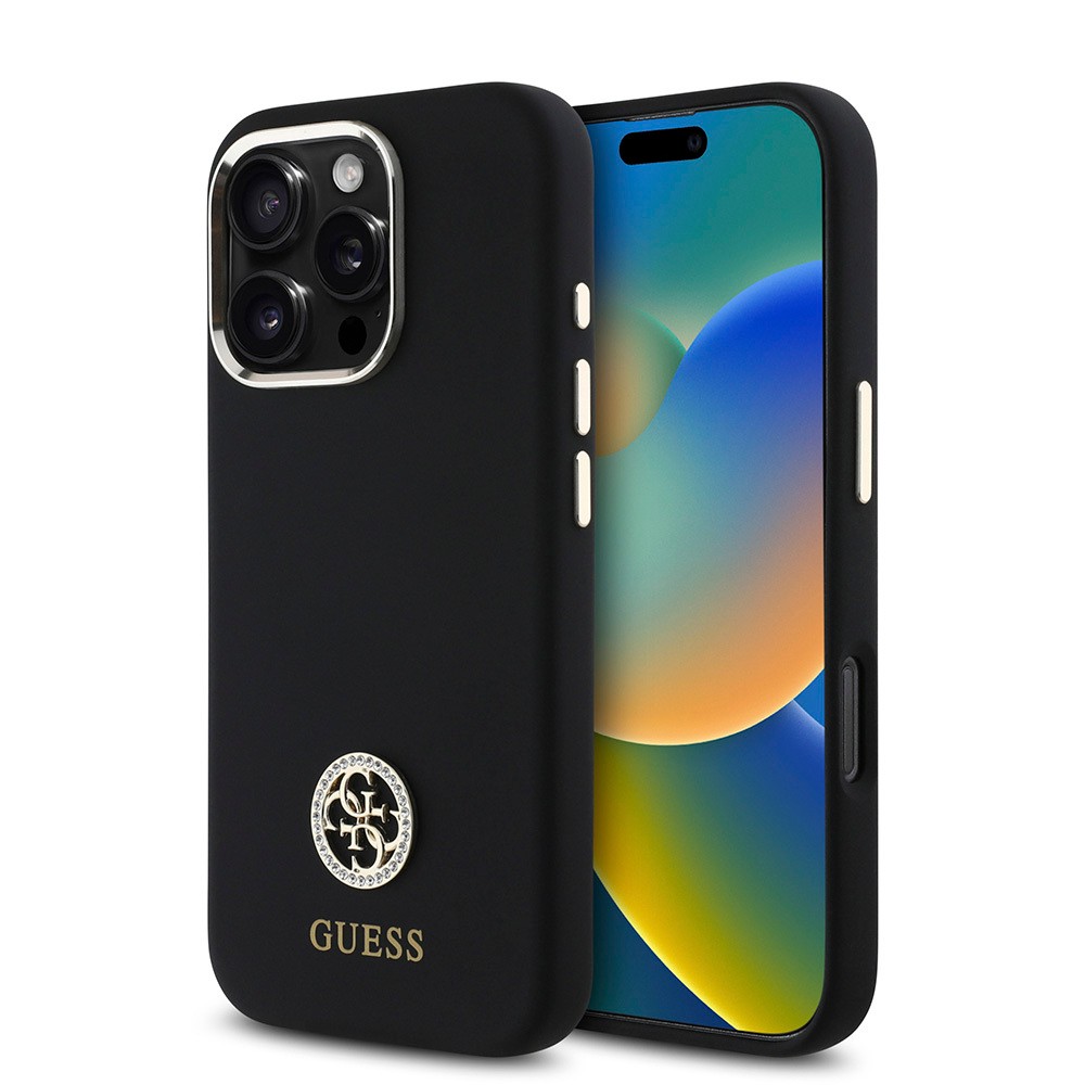 iPhone 16 Pro Kılıf Guess Orjinal Lisanslı Yazı ve Taşlı 4G Logolu Metal Kamera Çerçeveli Silikon Kılıf