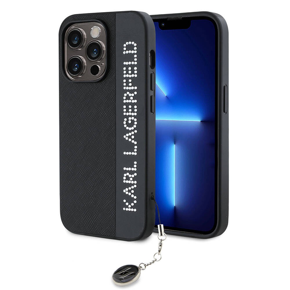 iPhone 14 Pro Max Kılıf Karl Lagerfeld Orjinal Lisanslı Anahtarlıklı Taşlı KL Yazılı Saffiano Rhinestones Kılıf