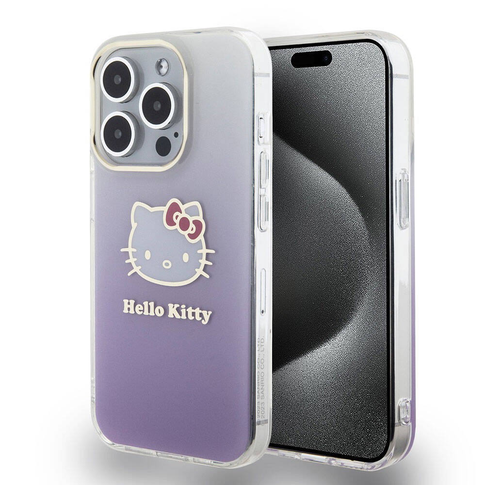 iPhone 15 Pro Kılıf Hello Kitty Orjinal Lisanslı Yazı ve İkonik Logolu Elektroplating Kaplama Gradyan Kılıf