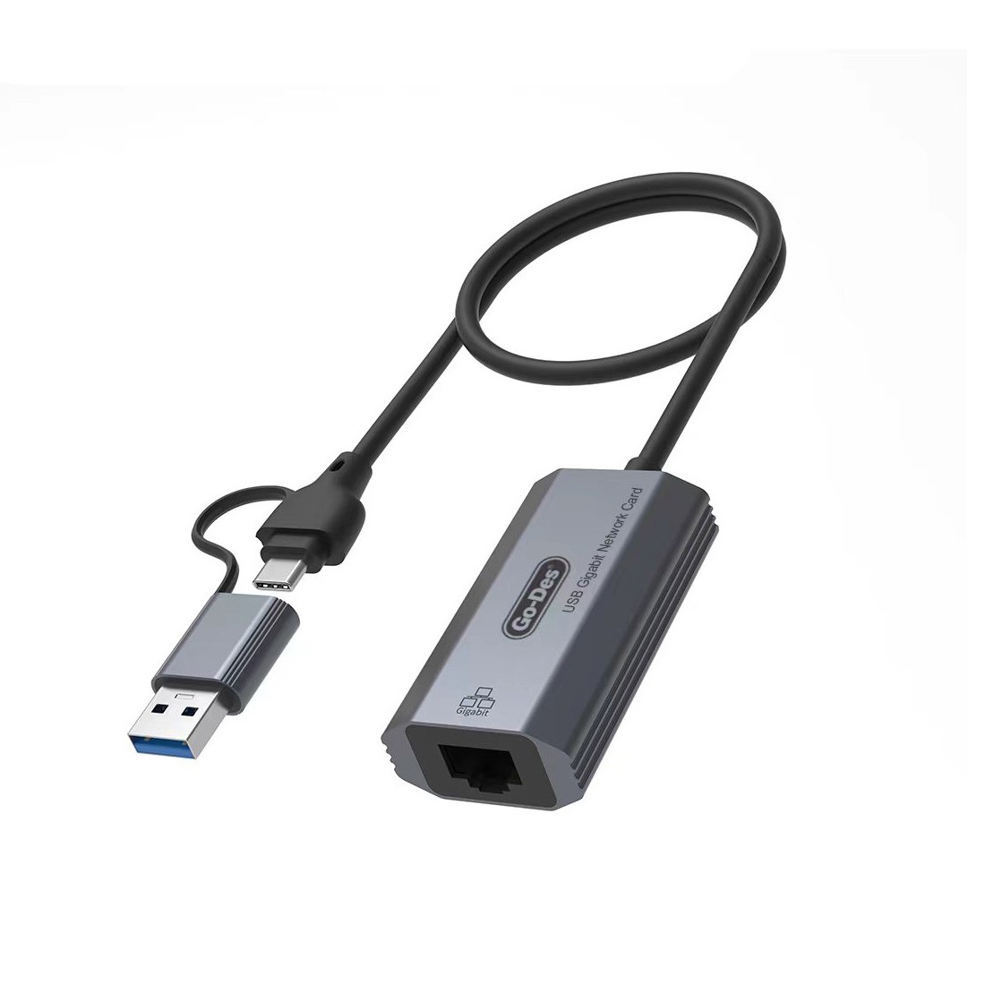 Go Des GD-6836 RJ45 to Type-C ve USB-A Gigabit Ethernet Dönüştürücü Kablo 1000Mbps 50cm