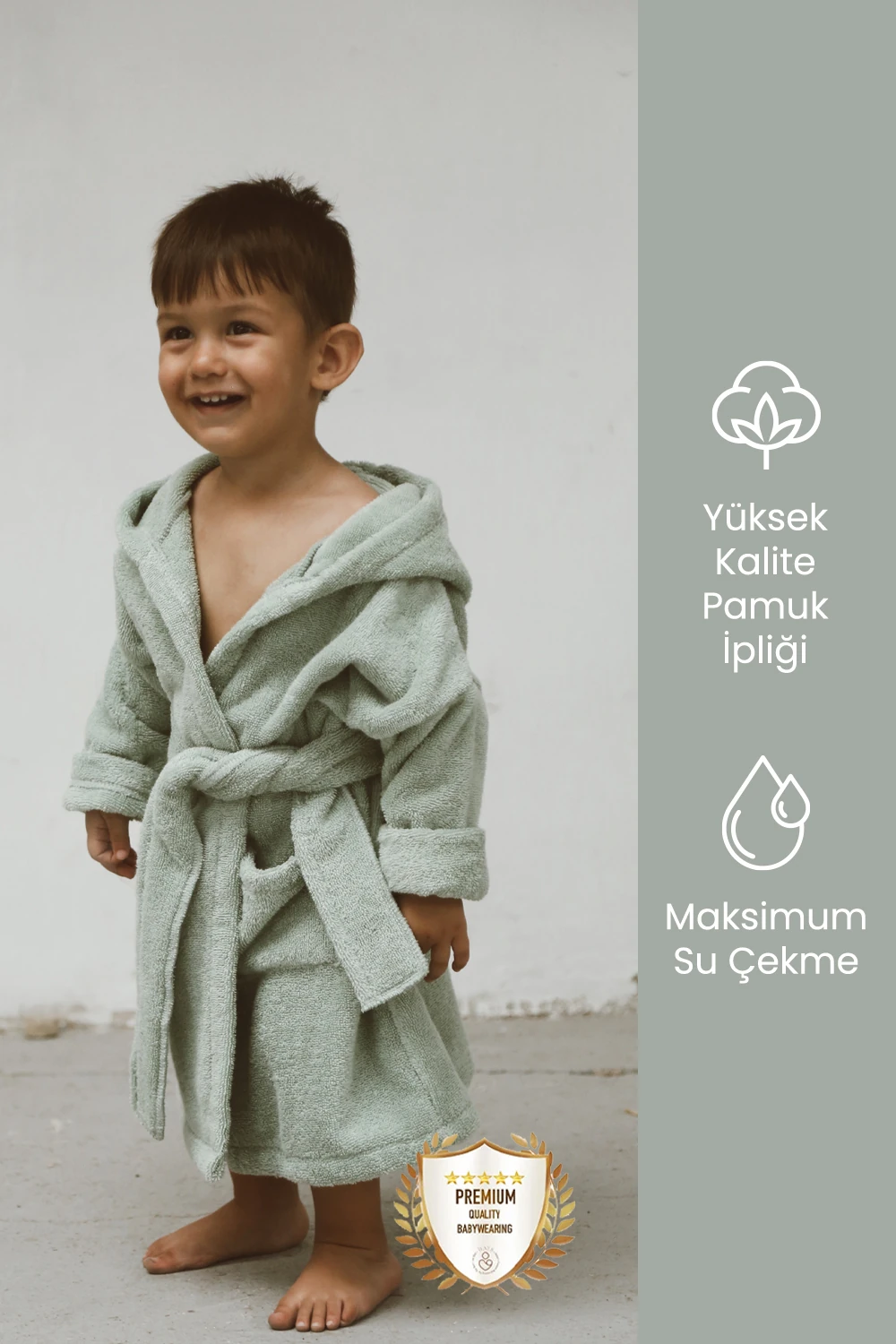 Özel Buldan Dokuması %100 Saf Pamuk Çocuk Bornozu banyo bornozu - Mint