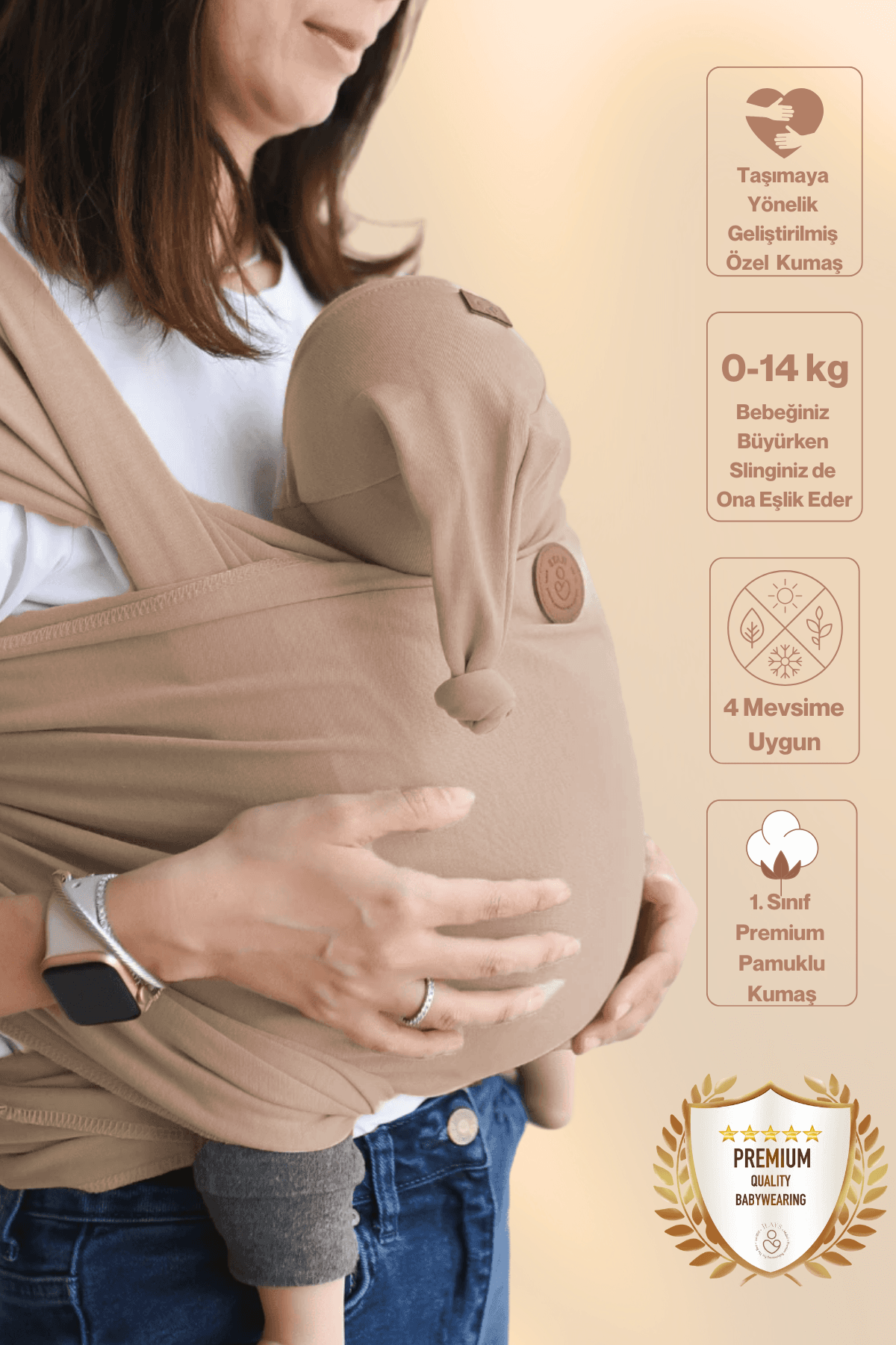 Premium Esnek Wrap Sling ( Babysling - sling - babysling - bebek taşıma şalı - babywearing - kanguru ) - Vizon