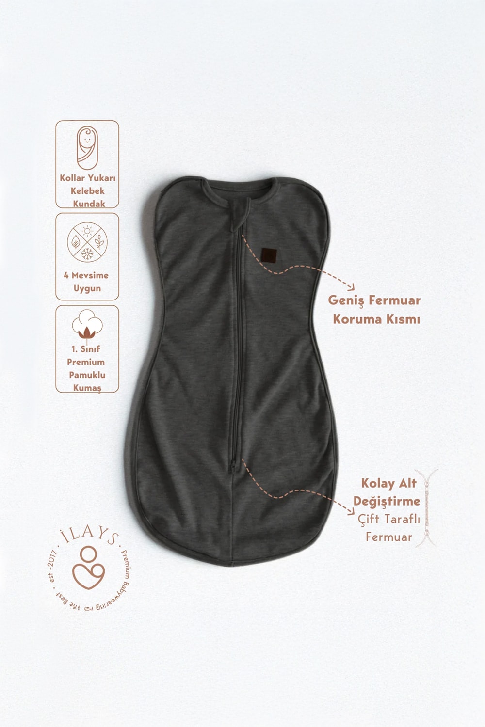 Yenidoğan Kundak Tulumu uyku kundağı uyku tulumu - Antrasit