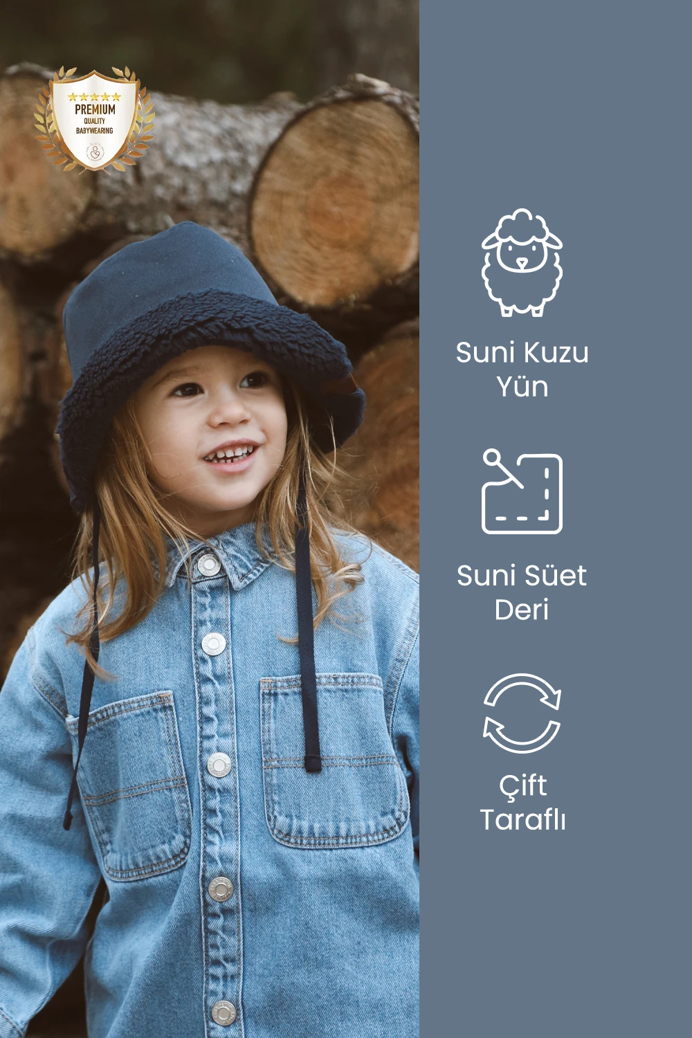 Imported Lamb Suede Winter Bucket Hat – Kids’ Hat with Chin Strap - Navy Blue