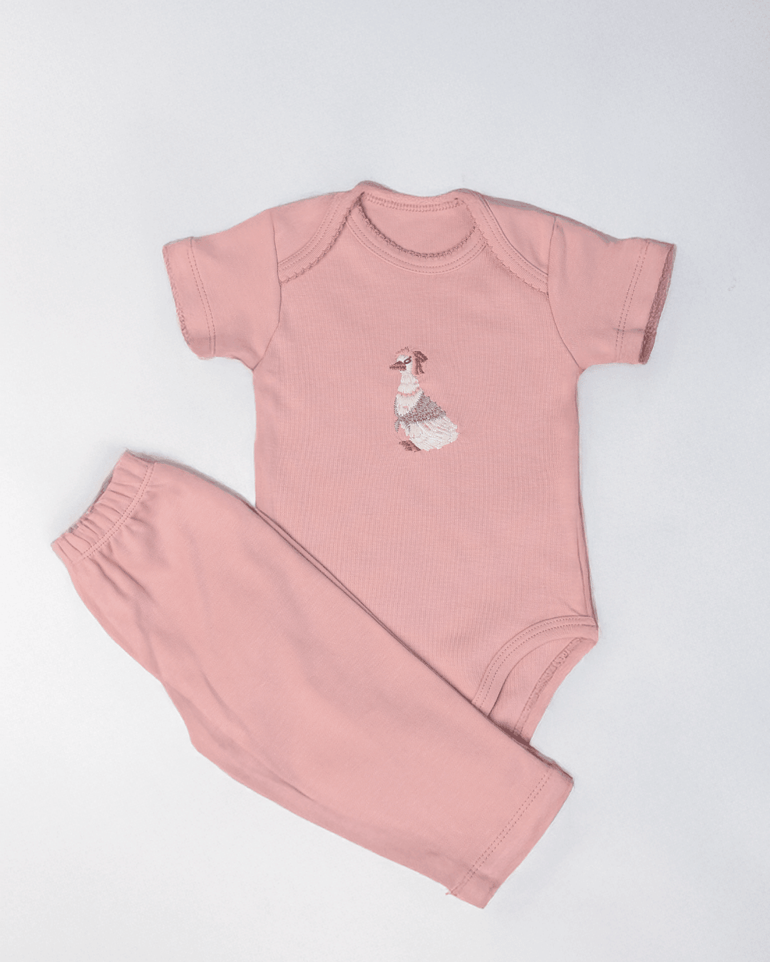 Kısa Kollu Bebek Body Zıbın Takımı - Nakış İşlemeli - Pembe - Ördek