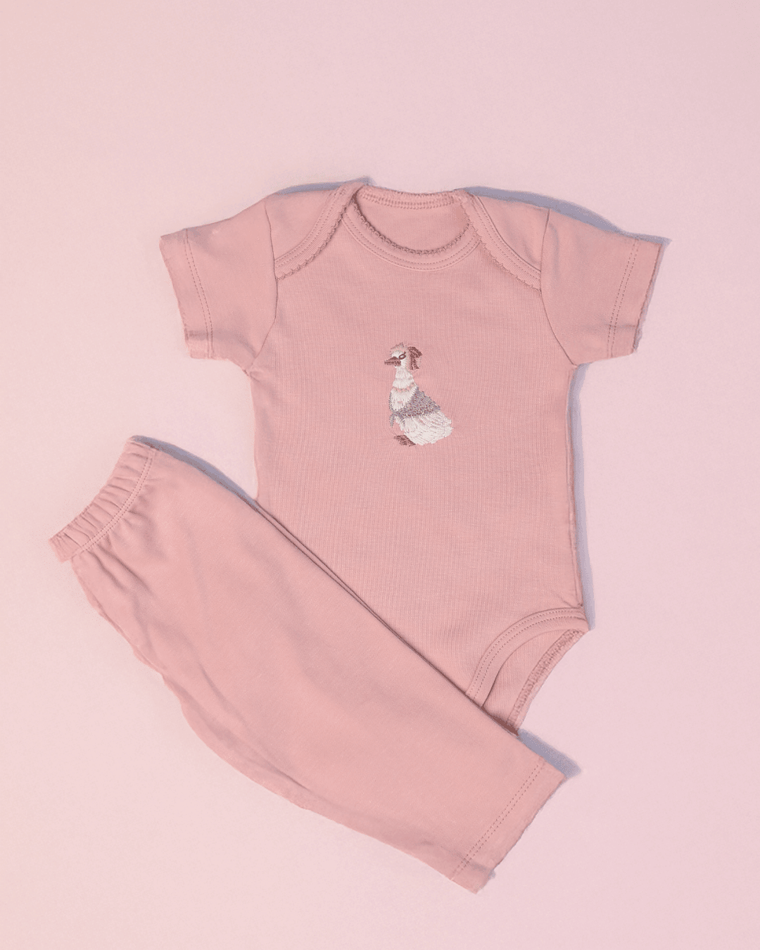 Kısa Kollu Bebek Body Zıbın Takımı - Nakış İşlemeli - Pembe - Ördek