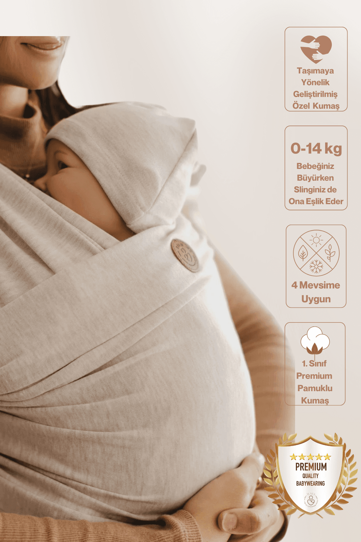 Premium Esnek Wrap Sling ( Babysling - sling - babysling - bebek taşıma şalı - babywearing - kanguru ) - Soft Bej