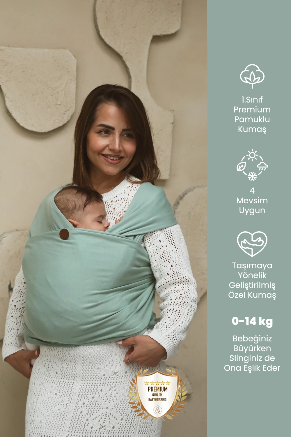 Premium Esnek Wrap Sling ( Babysling - sling - babysling - bebek taşıma şalı - babywearing - kanguru ) - Mint