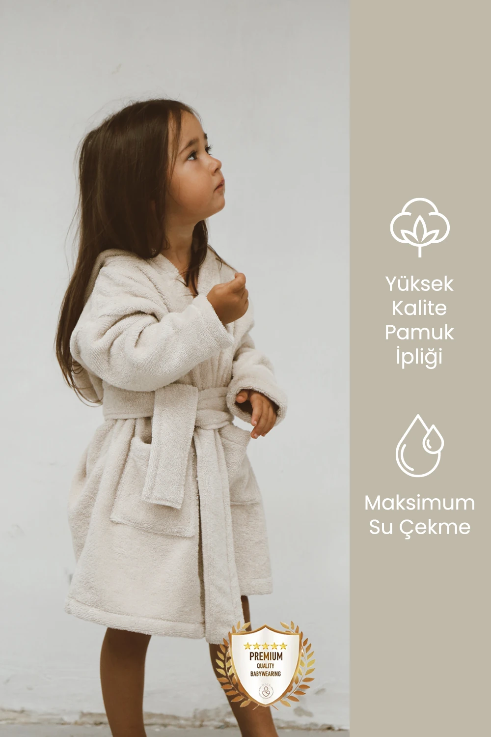 Özel Buldan Dokuması %100 Saf Pamuk Çocuk Bornozu banyo bornozu - Taş