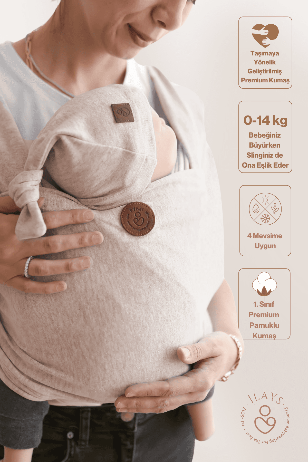 Premium Esnek Wrap Sling ( Babysling - sling - babysling - bebek taşıma şalı - babywearing - kanguru ) - Soft Bej