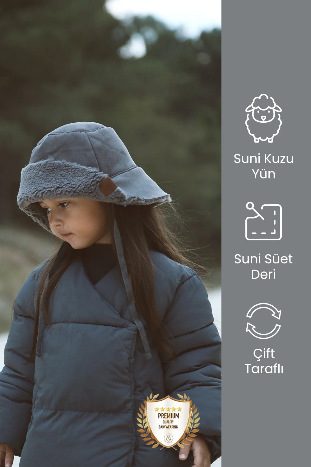 İthal Kuzu Süet Bağcıklı Kışlık Bucket Şapka çocuk şapka - Gri