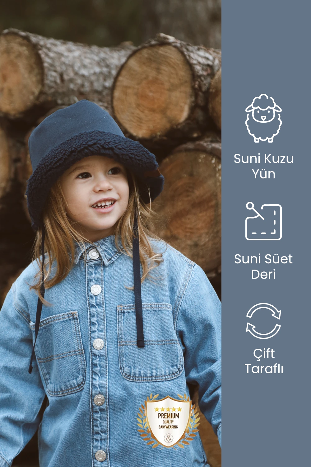 İthal Kuzu Süet Bağcıklı Kışlık Bucket Şapka çocuk şapka - Lacivert