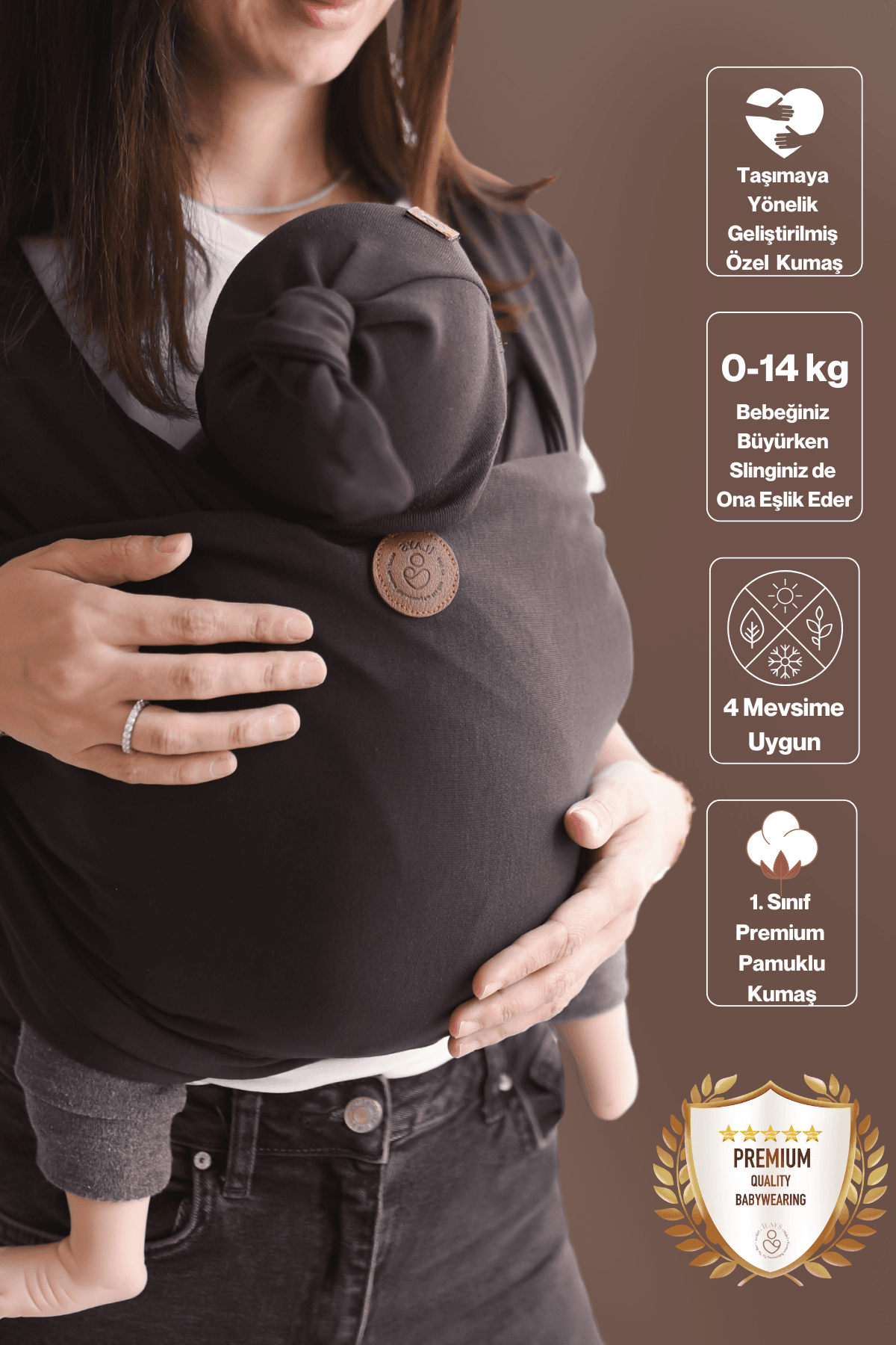Premium Esnek Wrap Sling ( Babysling - sling - babysling - bebek taşıma şalı - babywearing - kanguru ) - Acı Kahve