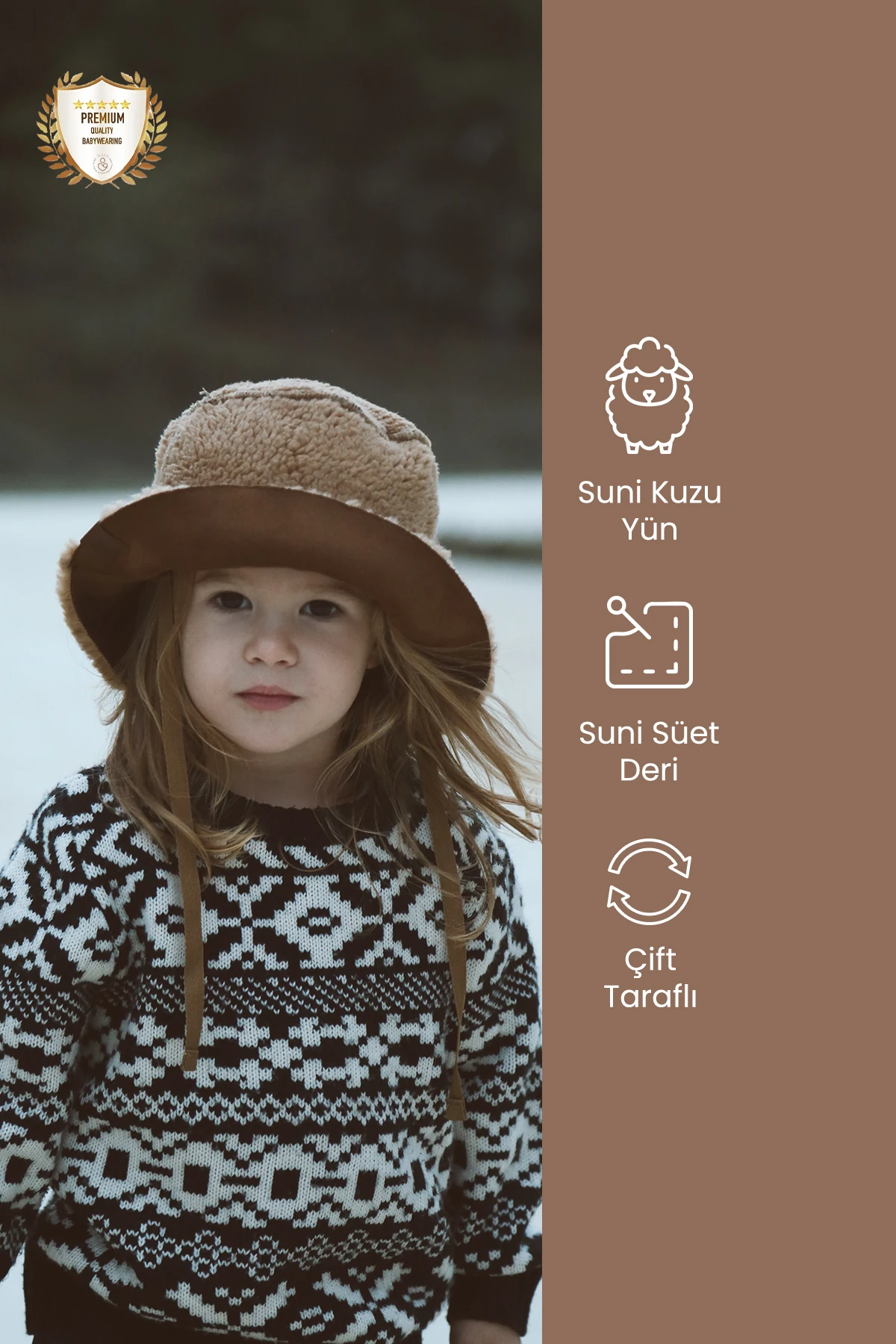 Imported Lamb Suede Winter Bucket Hat – Kids’ Hat with Chin Strap - Tan