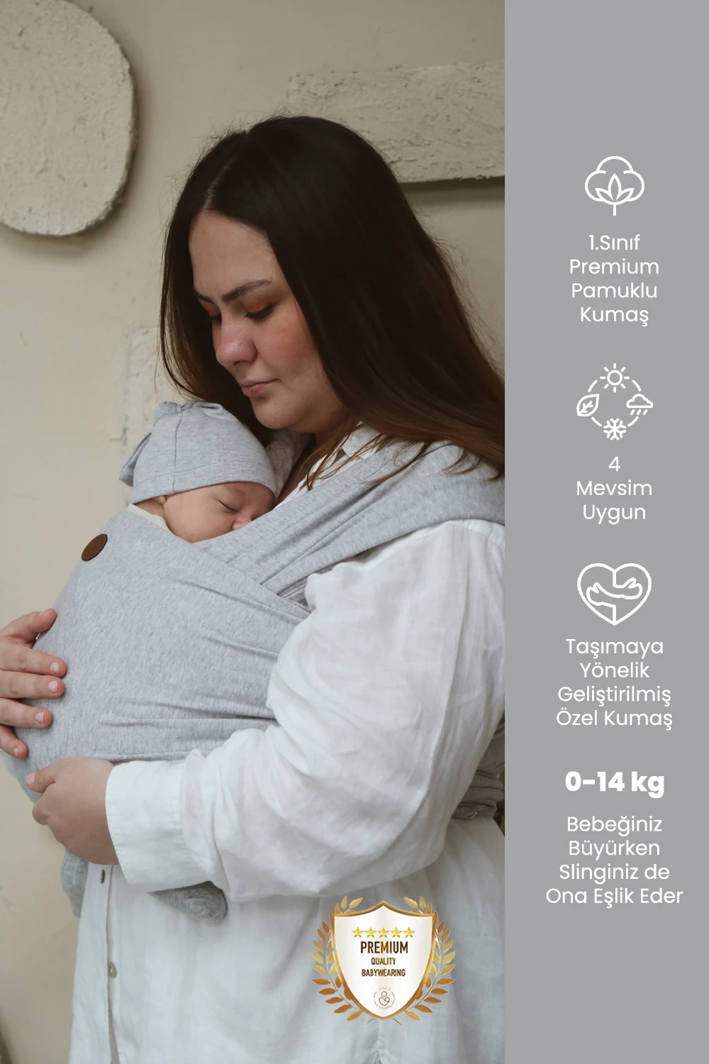 Premium Esnek Wrap Sling ( Babysling - sling - babysling - bebek taşıma şalı - babywearing - kanguru ) - Gri