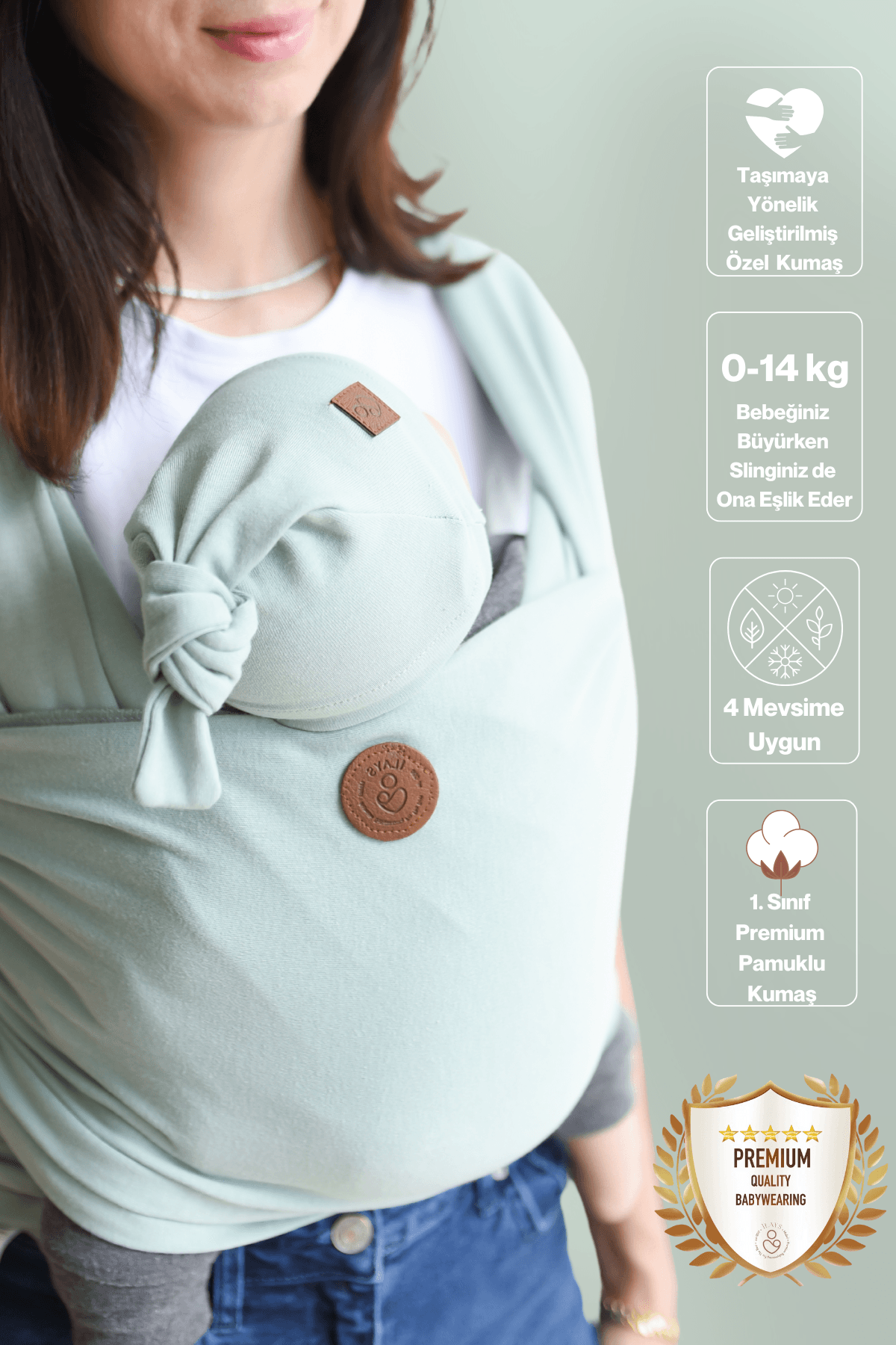 Premium Esnek Wrap Sling ( Babysling - sling - babysling - bebek taşıma şalı - babywearing - kanguru ) - Mint
