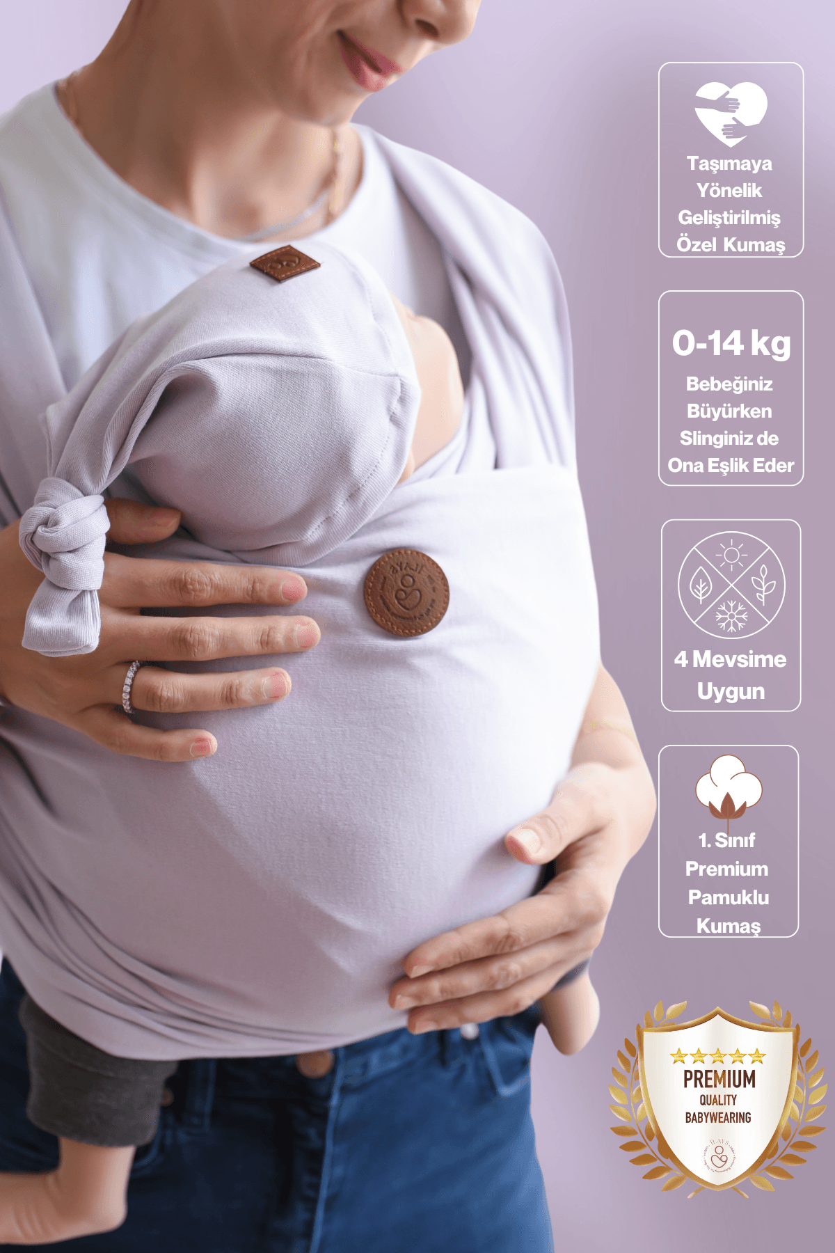Premium Esnek Wrap Sling ( Babysling - sling - babysling - bebek taşıma şalı - babywearing - kanguru ) - Soft Lila