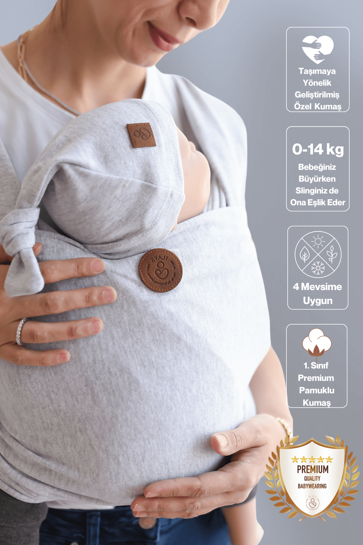 Premium Esnek Wrap Sling ( Babysling - sling - babysling - bebek taşıma şalı - babywearing - kanguru ) - Gri