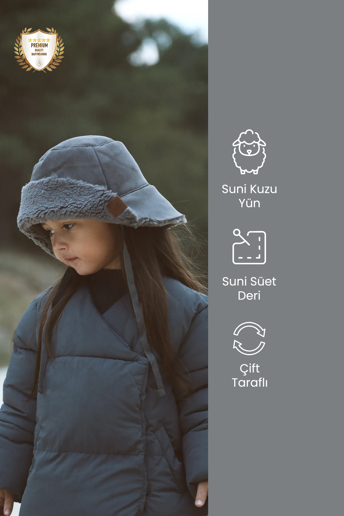 Imported Lamb Suede Winter Bucket Hat – Kids’ Hat with Chin Strap - Grey