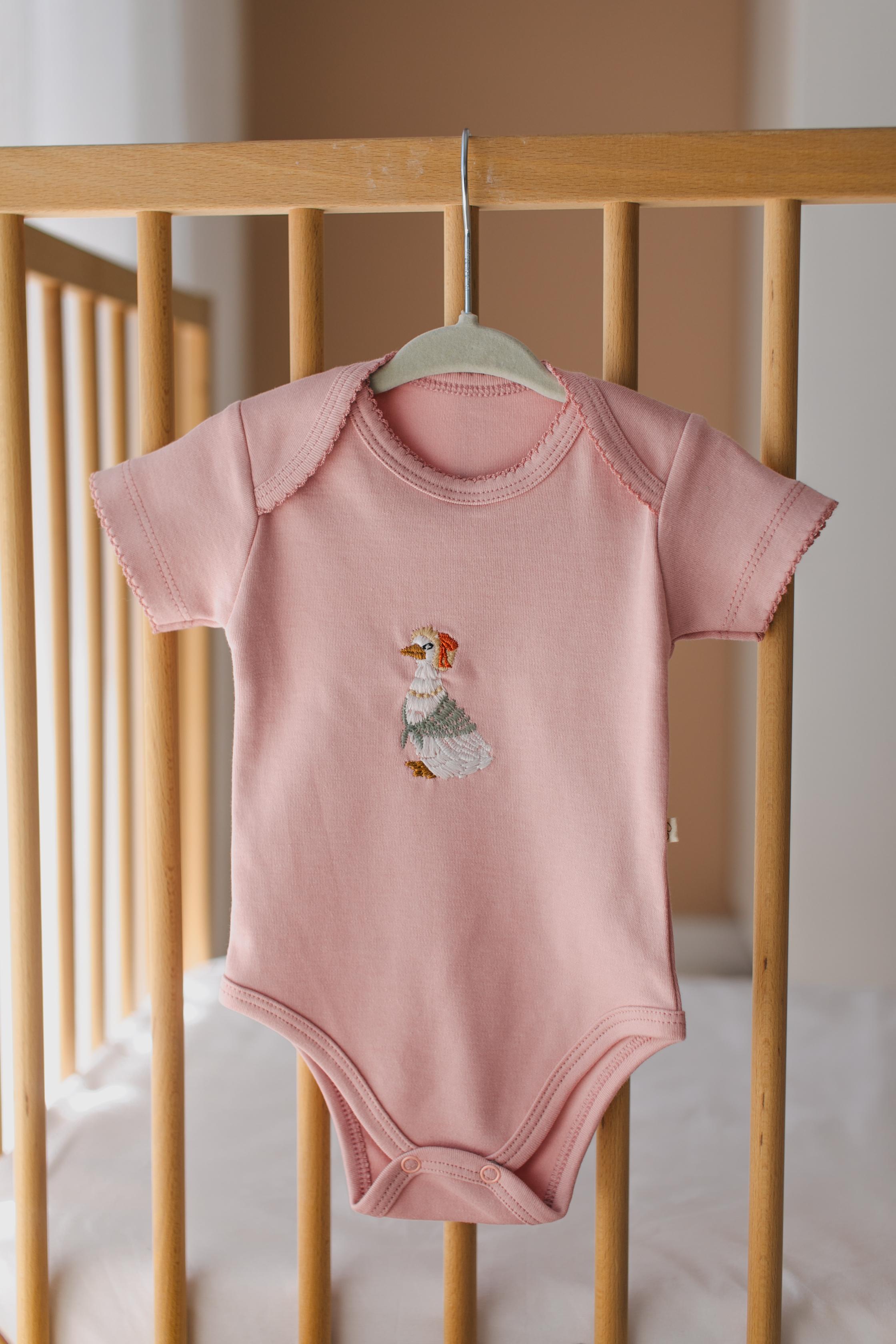 Kısa Kollu Bebek Body Zıbın Takımı - Nakış İşlemeli - Pembe - Ördek