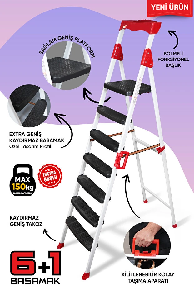 Zigana Elegance Geniş Basamaklı Kolay Taşıma Aparatlı Merdiven Kaliteli Paslanmaz Katlanır - 6+1