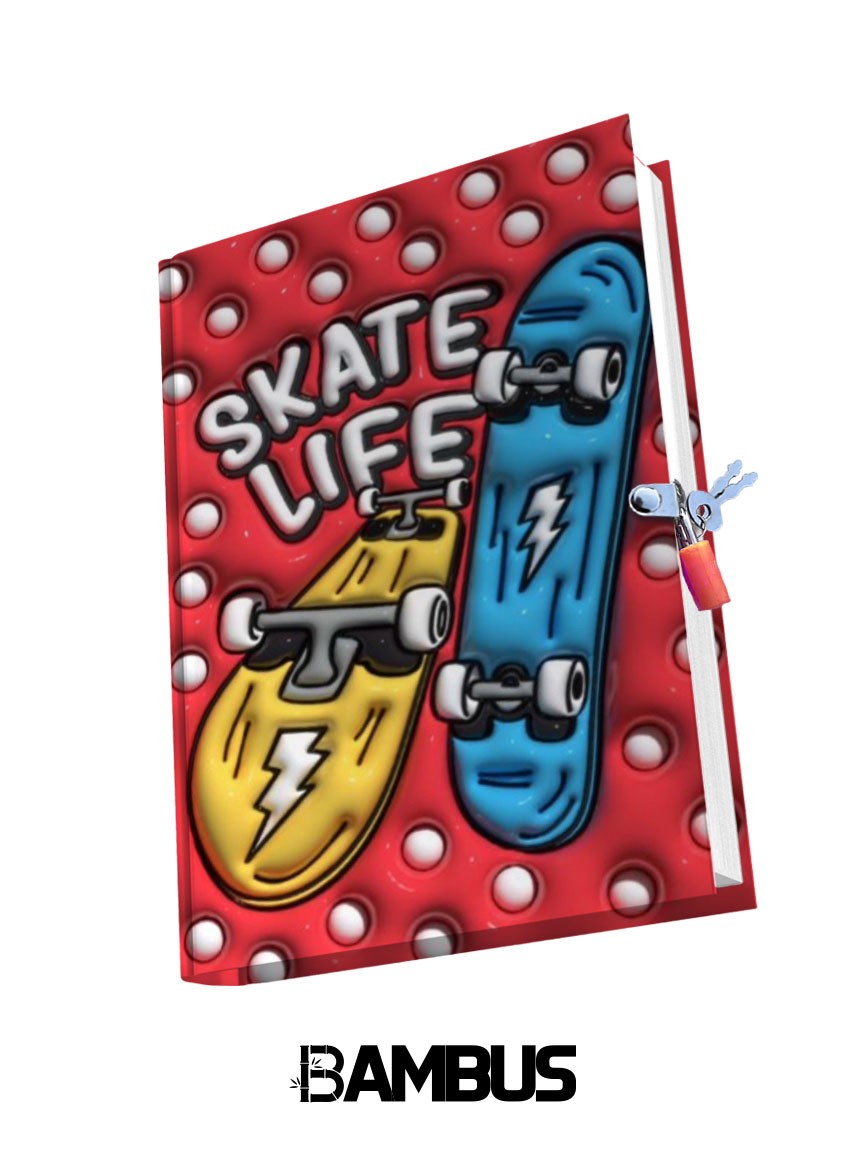 Kilitli Hatıra Günlük Anı Defteri 3 Boyutlu Baskılı Sert Karton Kapak  - SKATE