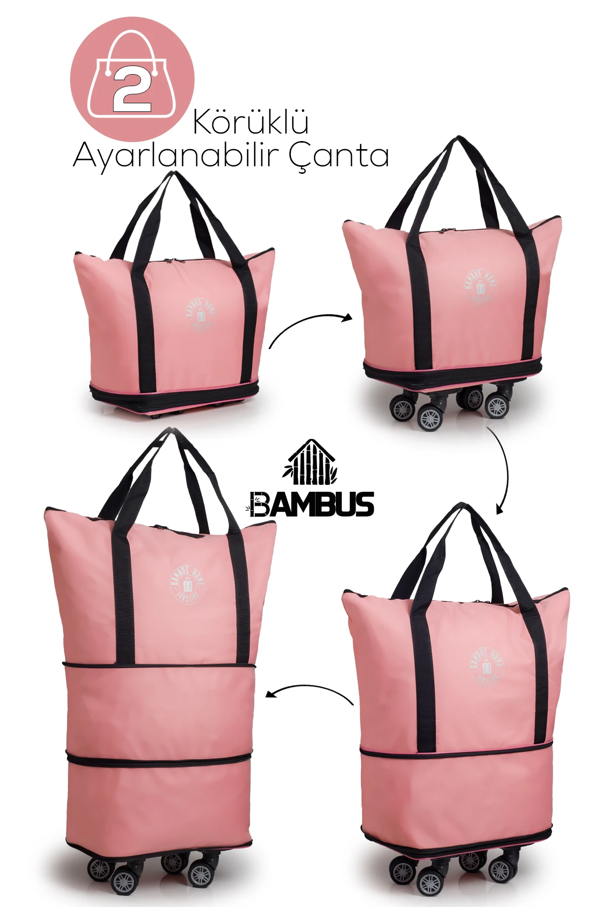 İki Körüklü Demonte Sessiz Tekerlekli Valiz-Çanta-Bavul - Pembe