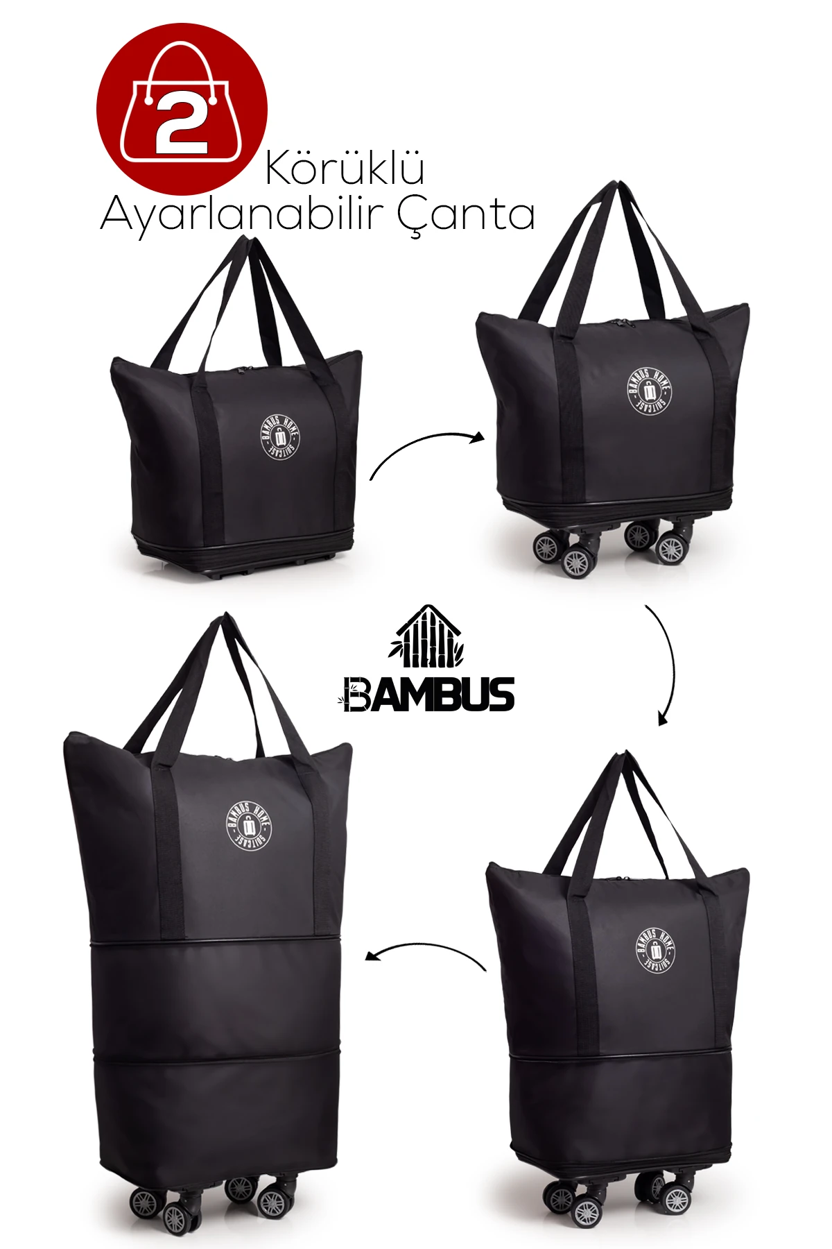 İki Körüklü Demonte Sessiz Tekerlekli Valiz-Çanta-Bavul - Siyah