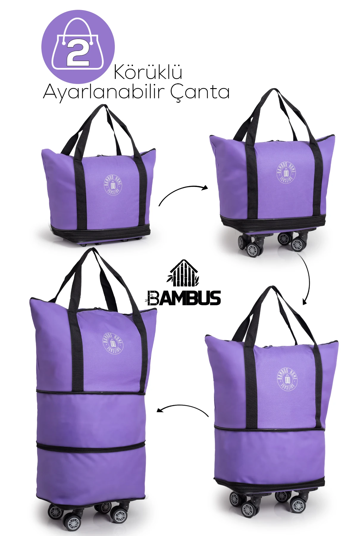 İki Körüklü Demonte Sessiz Tekerlekli Valiz-Çanta-Bavul - Lila
