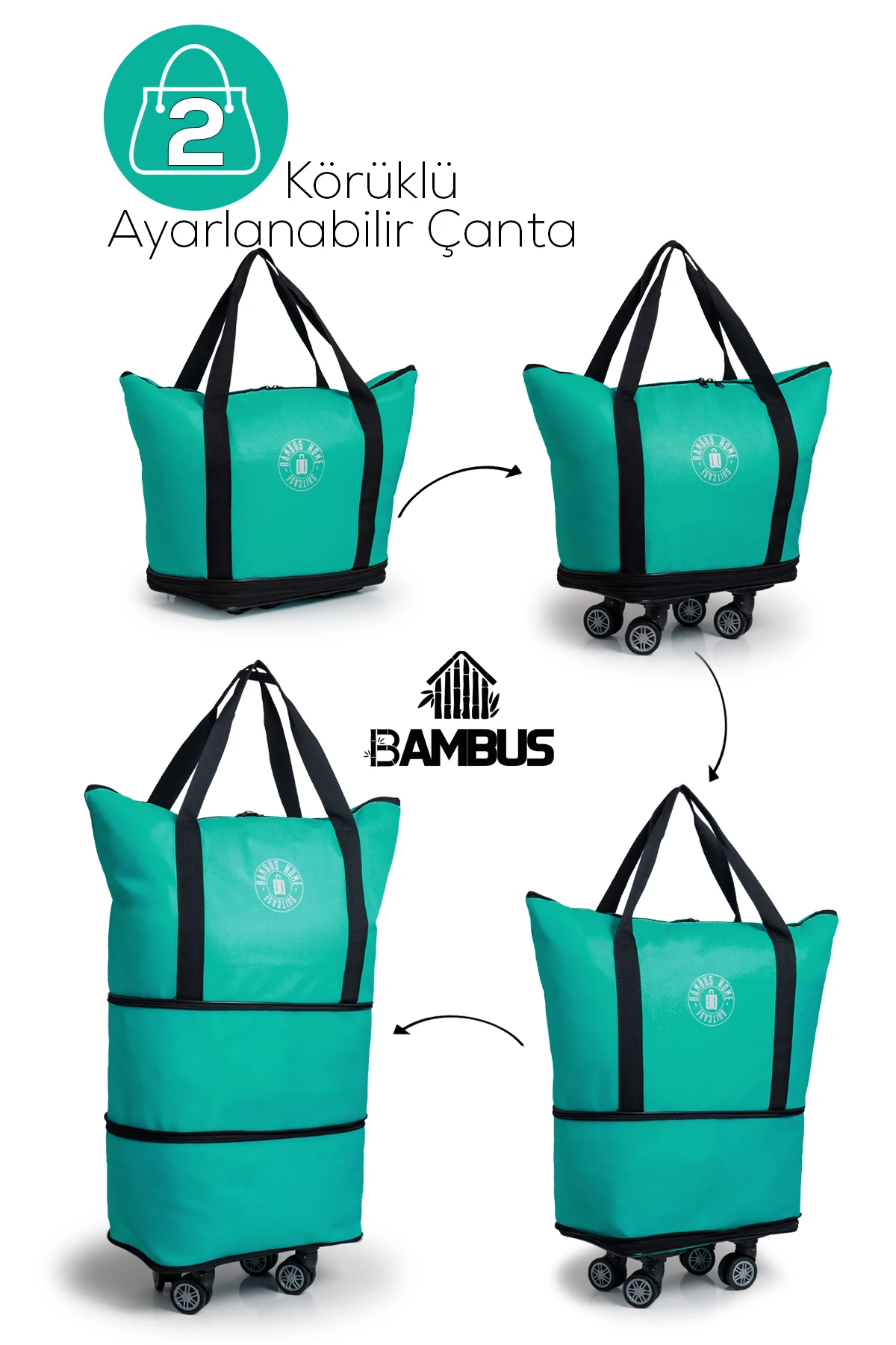 İki Körüklü Demonte Sessiz Tekerlekli Valiz-Çanta-Bavul - Yeşil