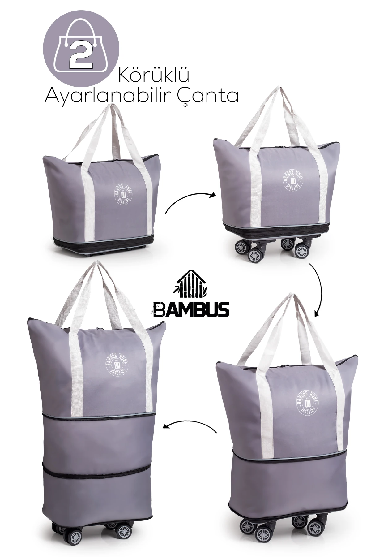 İki Körüklü Demonte Sessiz Tekerlekli Valiz-Çanta-Bavul - Gri