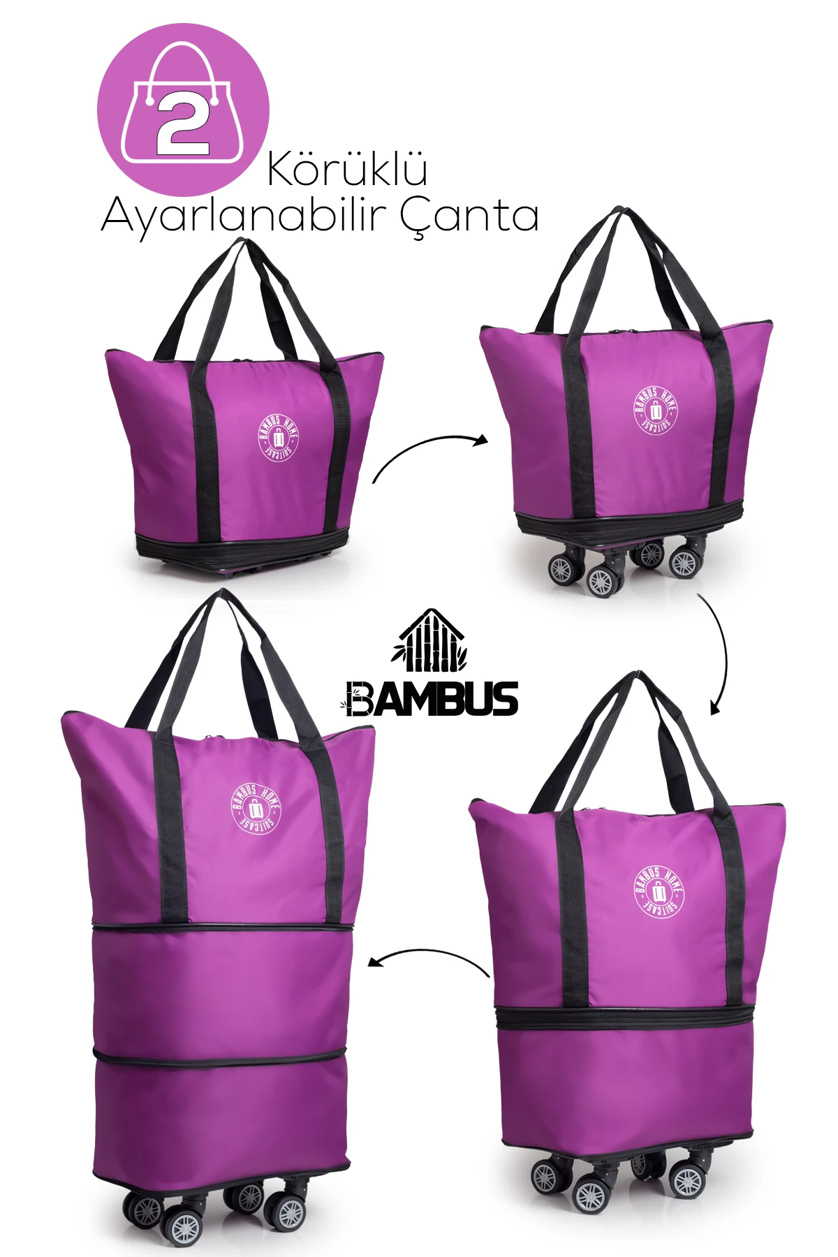 İki Körüklü Demonte Sessiz Tekerlekli Valiz-Çanta-Bavul - Mor