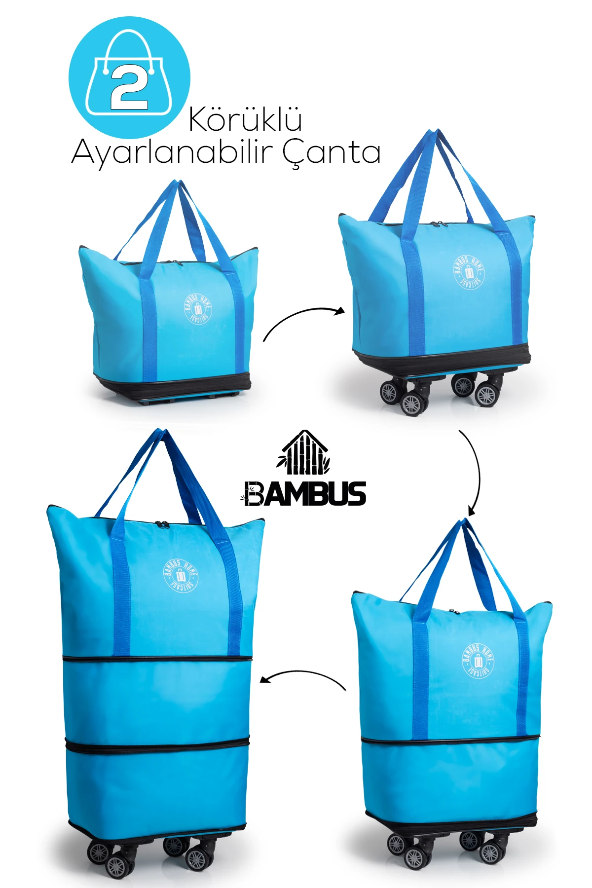 İki Körüklü Demonte Sessiz Tekerlekli Valiz-Çanta-Bavul - Mavi