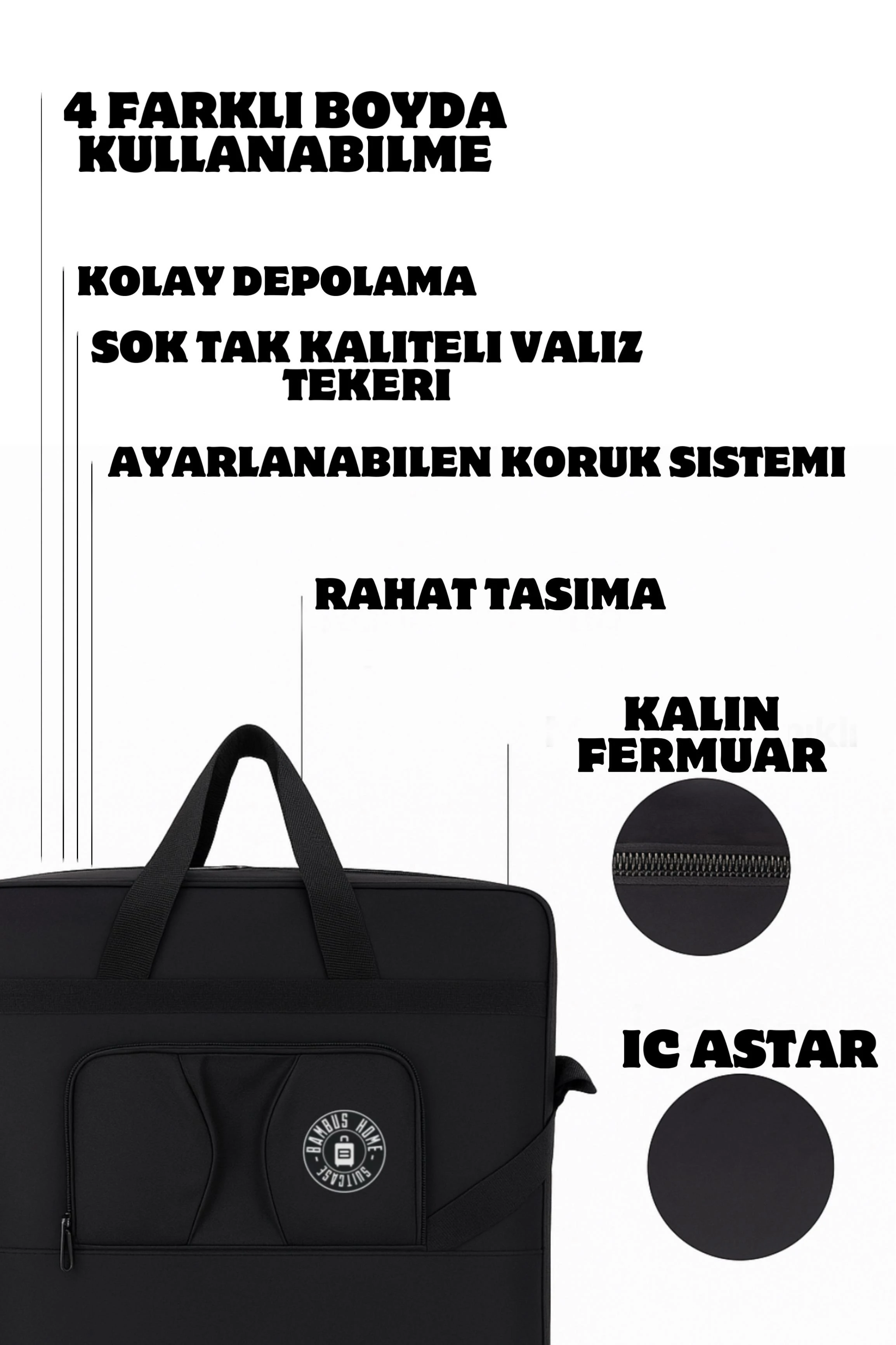 Premium Genişleyebilir Körüklü Kalın Fermuarlı 360 Derece Döner Tekerlekli El Valizi