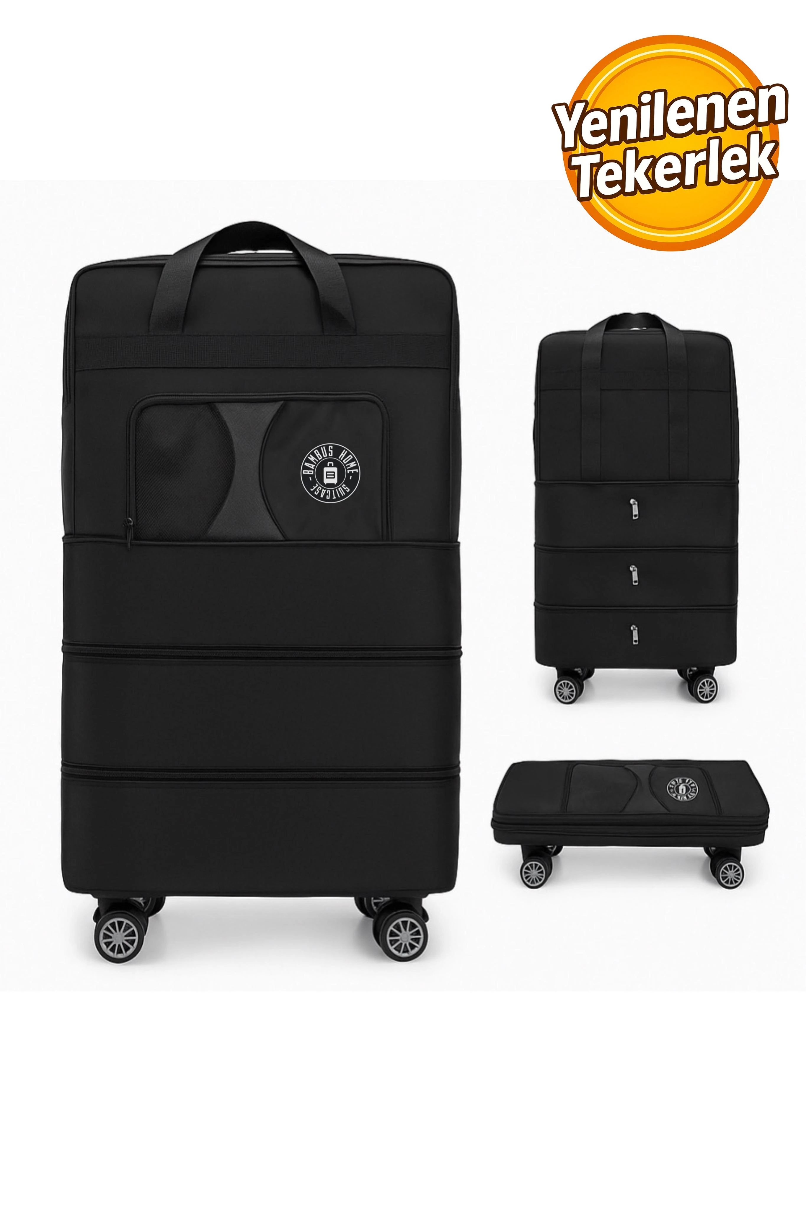 Premium Genişleyebilir Körüklü Kalın Fermuarlı 360 Derece Döner Tekerlekli El Valizi - Siyah