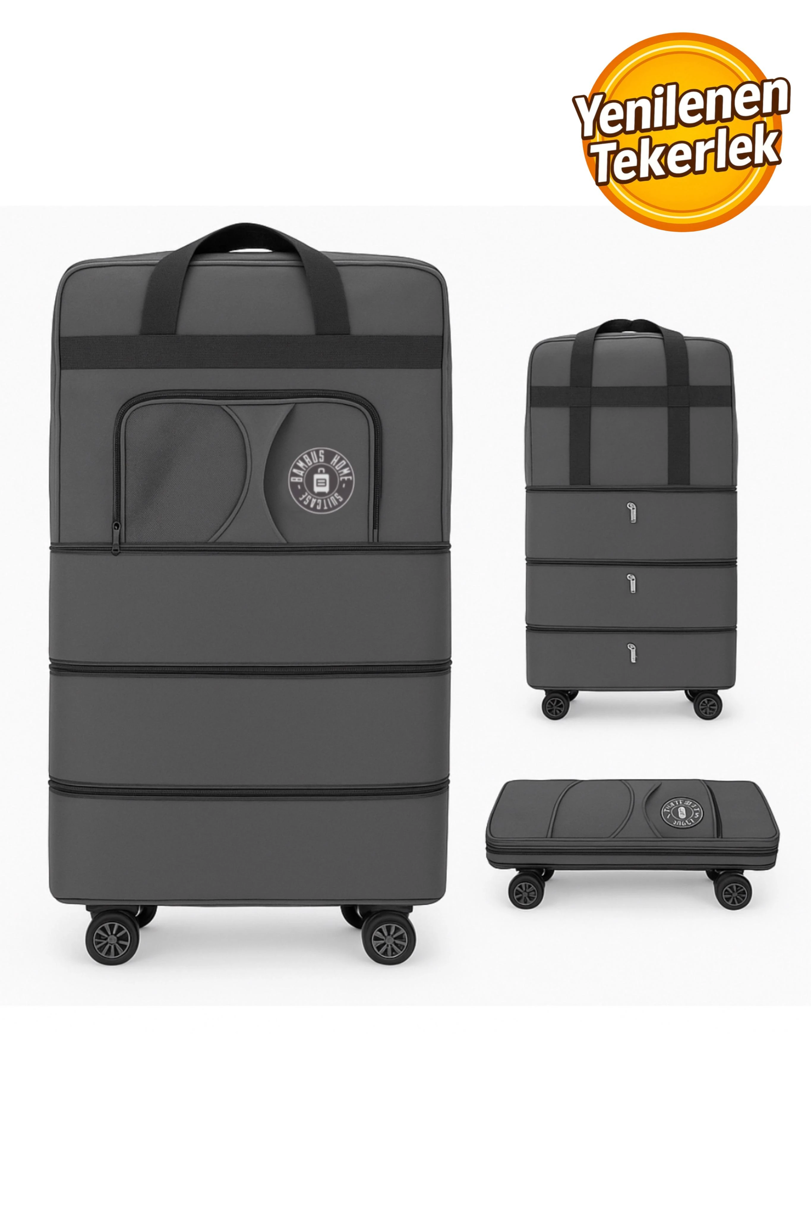 Premium Genişleyebilir Körüklü Kalın Fermuarlı 360 Derece Döner Tekerlekli El Valizi - Gri