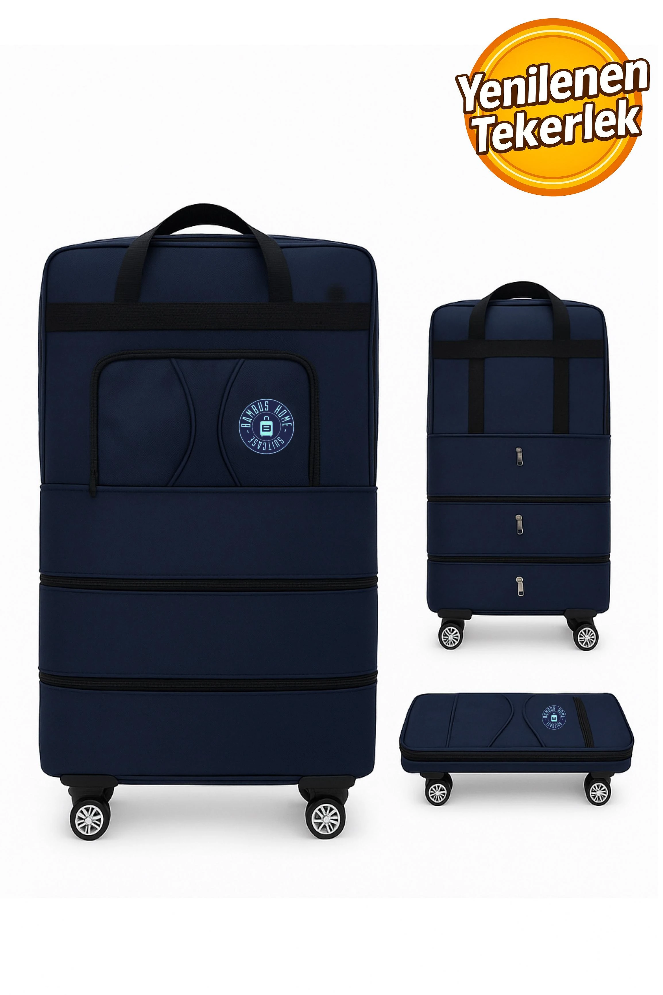 Premium Genişleyebilir Körüklü Kalın Fermuarlı 360 Derece Döner Tekerlekli El Valizi - Lacivert