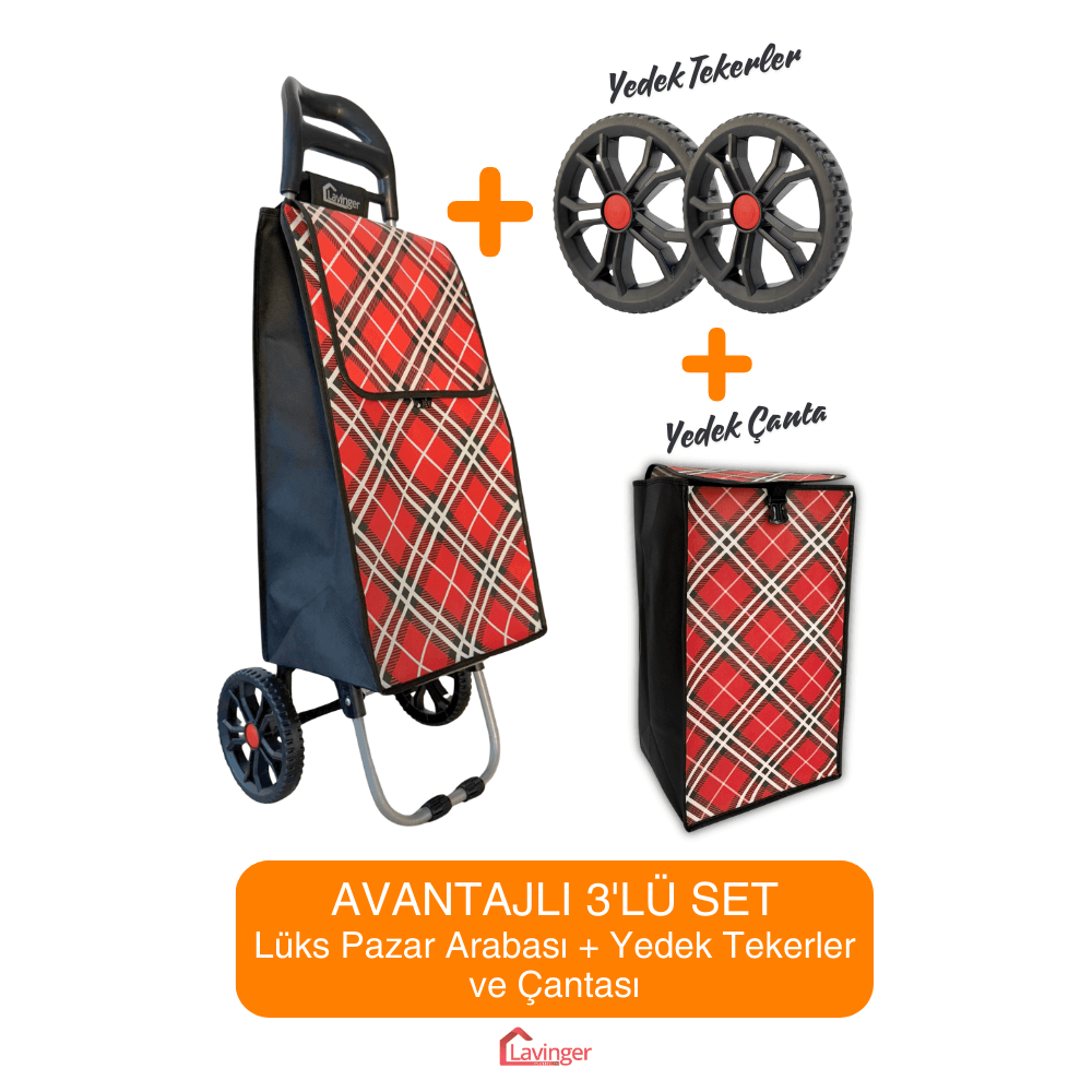 Pazar Arabası Plus Avantajlı 3' lü SET Pazar Arabası + Yedek Tekeri + Yedek Çantası. - Kırmızı Set