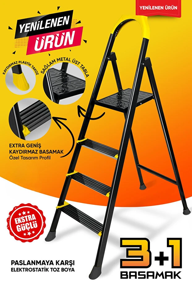 Zigana Hardy Özel Tasarım Hafif Merdiven (Kaymaz Papuçlu) Paslanmaz Katlanır - 3+1