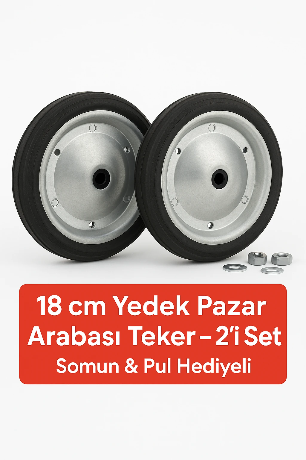 2 Adet 18 cm Metal Gövde Pazar Arabası Tekerleği Süper Sağlam Araba Tekeri Somun&Pul Hediyeli