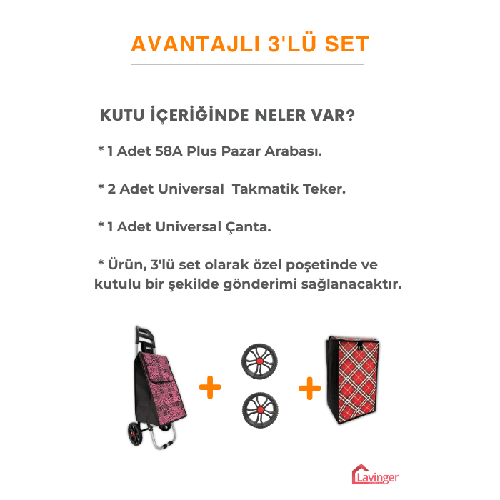 Pazar Arabası Plus Avantajlı 3' lü SET Pazar Arabası + Yedek Tekeri + Yedek Çantası.