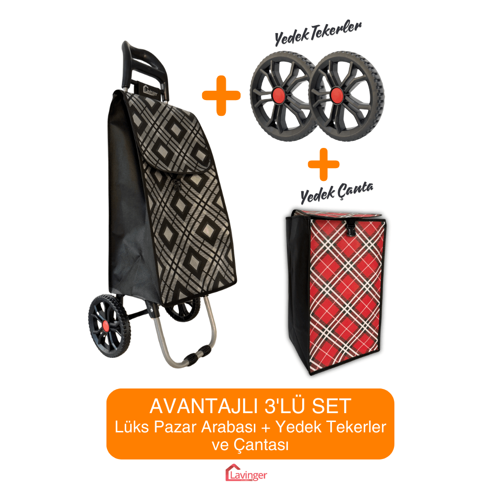 Pazar Arabası Plus Avantajlı 3' lü SET Pazar Arabası + Yedek Tekeri + Yedek Çantası. - Siyah Set