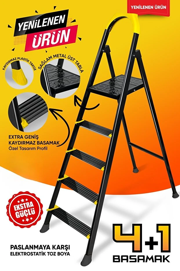 Zigana Hardy Özel Tasarım Hafif Merdiven (Kaymaz Papuçlu) Paslanmaz Katlanır - 4+1