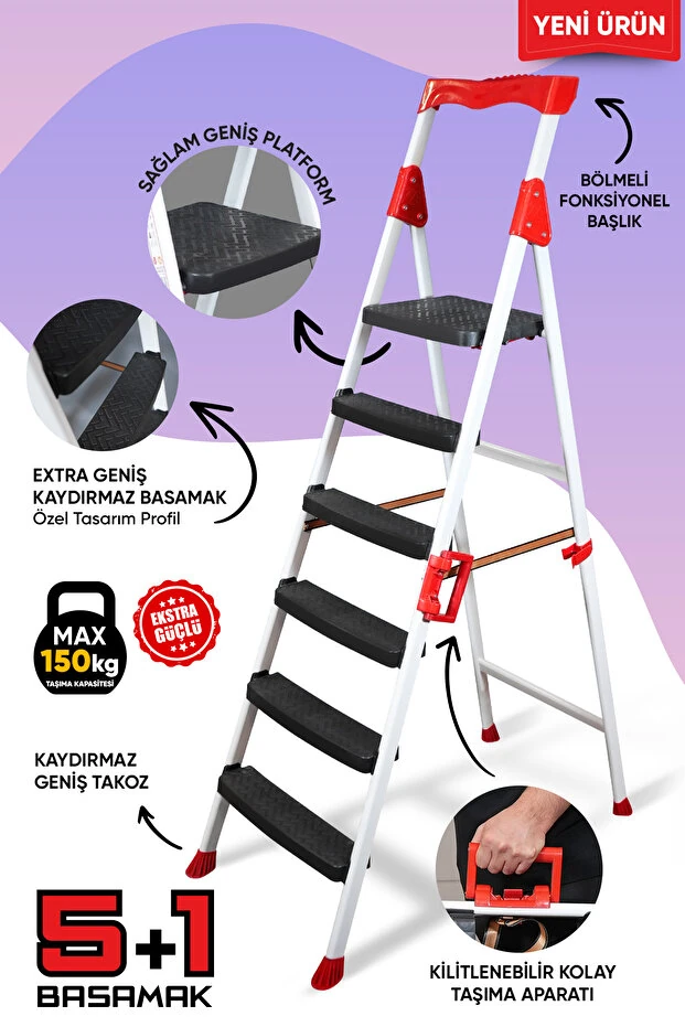 Zigana Elegance Geniş Basamaklı Kolay Taşıma Aparatlı Merdiven Kaliteli Paslanmaz Katlanır - 5+1