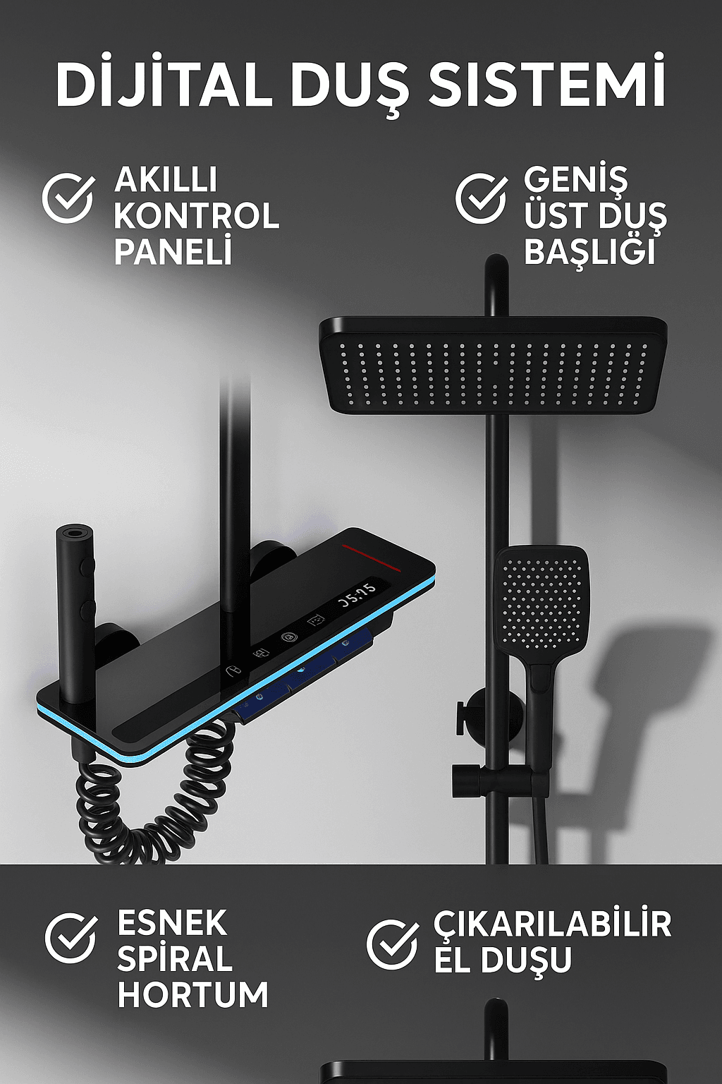 Akıllı LED Ekranlı Termostatik Duş Sistemi – 5 Fonksiyonlu Premium Tasarım - Robot IŞIKLI Gri